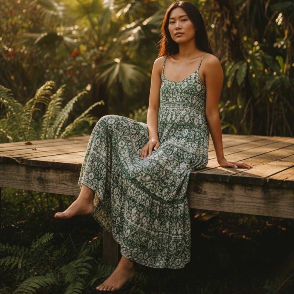 Adrianna Papell Green/Ivory Cotton Eyelet Midi Dress Size 10 MSRP $159